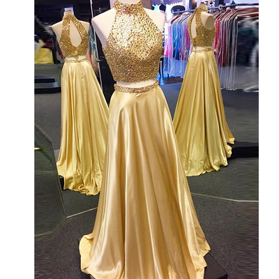 Two Piece Prom Dress,Beaded Gold High Neck Formal Gown,long prom dress