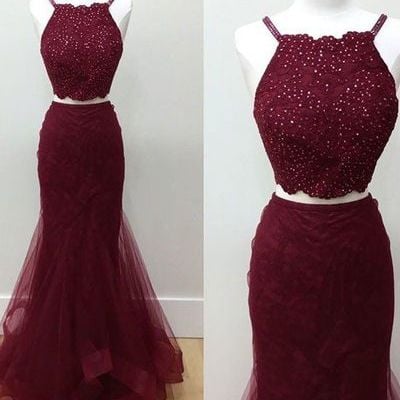Hot-selling two-piece halter burgundy long prom dress with beading,2017 prom dresses ,fashion dress