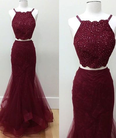 Hot-Selling Two-Piece Halter Burgundy Long Prom Dress with Beading,2017 prom dresses ,fashion dress