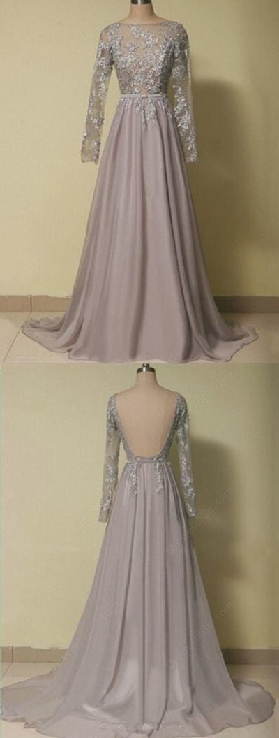 Chiffon Prom Dresses,Sexy Backless Evening Dresses,Long Sleeves Prom Dresses,Beading Appliques Evening Dress