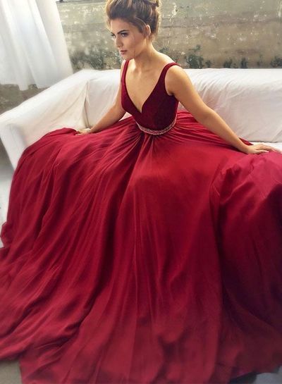Burgundy Prom Dress,V-Neck long Evening Dress,Sleeveless sexy Party Dress
