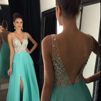 New Arrival Prom Dress,Modest Prom Dress,sparkly crystal beaded v neck open back long chiffon prom dresses pageant evening gowns with leg slit - Thumbnail 1