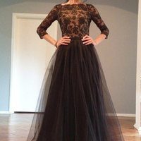 New Arrival Black Prom Dress With Appliques A Line Tulle Evening Dress,Beaded Long Sleeve Formal Party Dress - Thumbnail 1