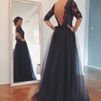 New Arrival Black Prom Dress With Appliques A Line Tulle Evening Dress,Beaded Long Sleeve Formal Party Dress - Thumbnail 2