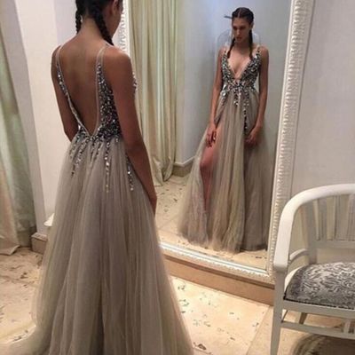 Sexy light grey luxury prom dress evening dress deep v-neck high split backless long evening dress - Thumbnail 4