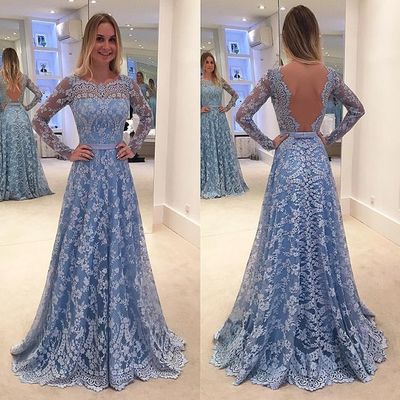Charming lace prom dress,long sleeves prom dress,sexy open back evening dress - Thumbnail 5