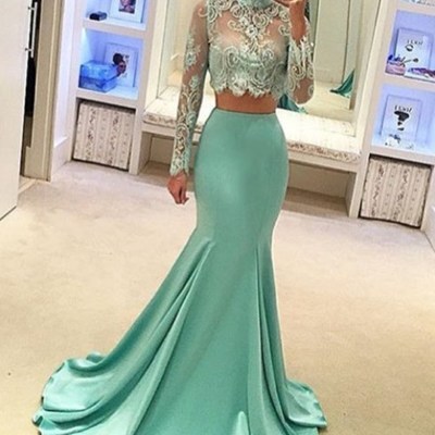 Popular two pieces prom dress,lace beading evening dress,long sleeves party dress - Thumbnail 3