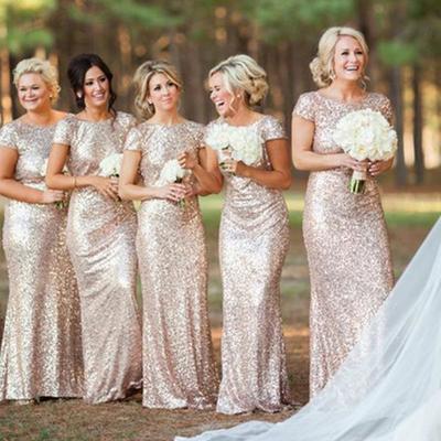 Poular mermaid short sleeve champagne gold sequin long bridesmaid dresses