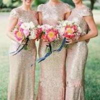 Poular mermaid short sleeve champagne gold sequin long Bridesmaid Dresses - Thumbnail 1