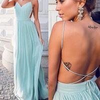 Cheap Simple Open Back Cheap Blue Prom Dress, Chiffon Junior Sexy Long Prom Dresses - Thumbnail 1