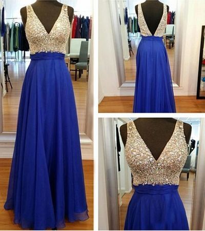 2017 Royal Blue Prom Dress,Beading Prom Dress,Deep V-Neck Prom/Evening Dress