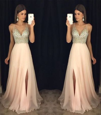 Modest Prom Dress,sparkly crystal beaded v neck open back long chiffon prom dresses 