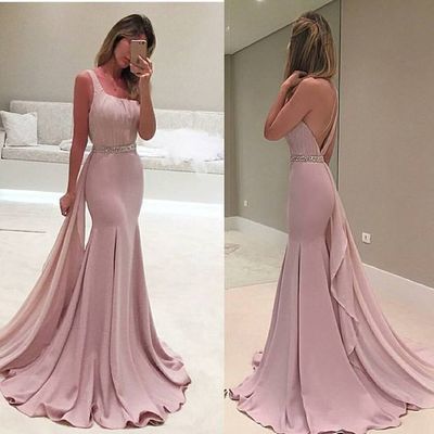 Beading Belt Evening Dress,Elegant Pink Prom Dress,One Shoulder Chiffon Party Dress