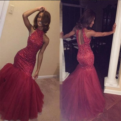 Black girl prom dress sexy bling sparkle long mermaid red prom dresses open back prom dress evening dress - Thumbnail 5