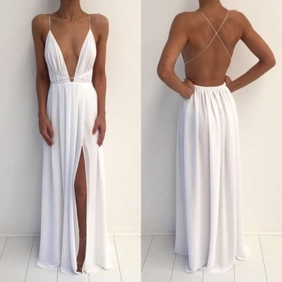 Chiffon deep v neck floor length side slit prom dress ,spaghetti strap long prom dress, party dresses