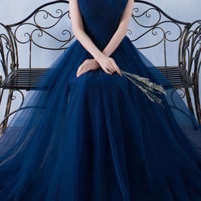  off-shoulder dark blue tulle organza a-line long prom dresses,evening dress for graduation