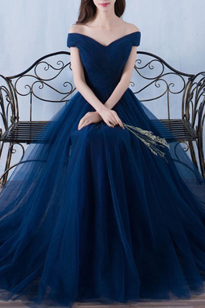  off-shoulder Dark blue tulle organza A-line long prom dresses,evening dress for graduation