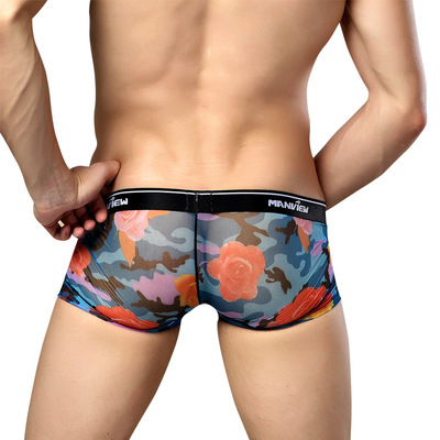 Blue rose pattern 2pcs men's sexy underwear transparent mesh gauze breathable boxer briefs underpants #m371