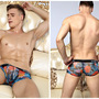 Blue rose pattern 2pcs Men's sexy underwear transparent mesh gauze breathable boxer briefs underpants #M371-2