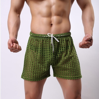 Green sexy men's clothing transparent perforated holes drawstring shorts sleep bottoms #03zk