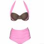 Halter and High Waist Light Pink and Black Bikini-1
