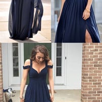 2017 Prom Dress, Navy Blue Long Prom Dress , Cheap Prom Dress - Thumbnail 1