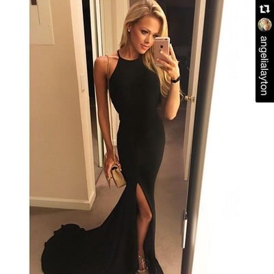 Slim cutout black prom dress, halter prom dress, backless prom dress, long prom dress with sweep train
