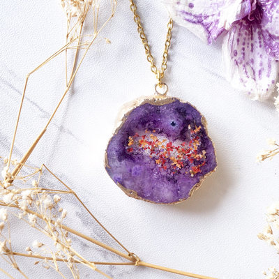 Real dried flowers and resin necklace, purple druzy geode in red orange purple