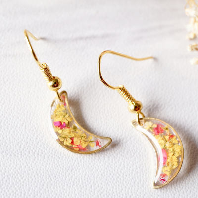 Real dried flowers and resin earrings, gold moons in yellow and red
