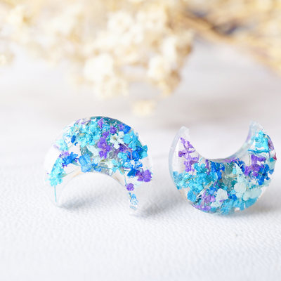 Real dried flowers and resin moon stud earrings in purple blue teal mint