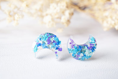 Real Dried Flowers and Resin Moon Stud Earrings in Purple Blue Teal Mint
