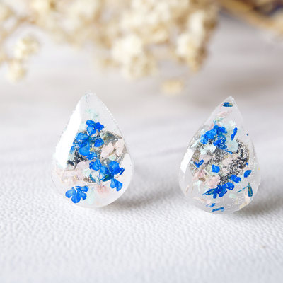 Real dried flowers and resin teardrop stud earrings in pink mint blue