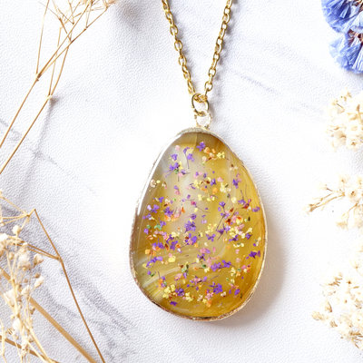 Real dried flowers and resin necklace, yellow geode in purple yellow mix