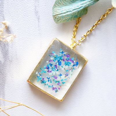 Real dried flowers in resin necklace, gold square in blue mint teal purple