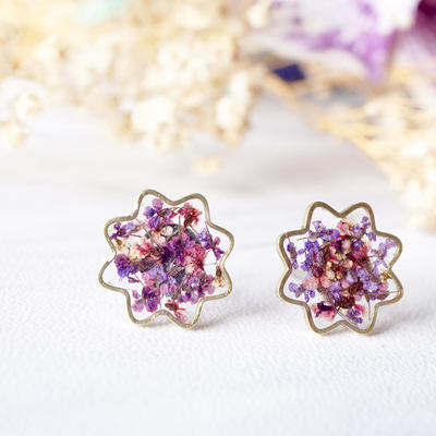 Real dried flowers and resin flower stud earrings in purples