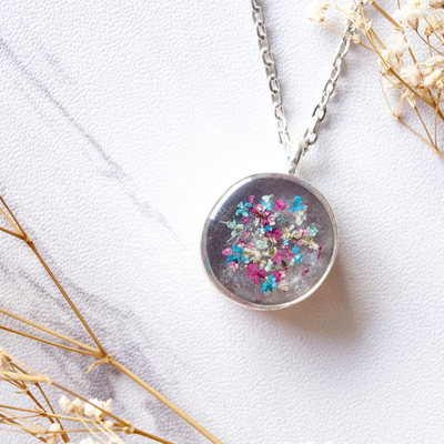 Real dried flowers in resin necklace, thick silver circle in magenta teal white