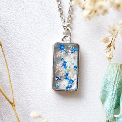 Real dried flowers in resin necklace, silver rectangle in pink mint blue