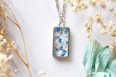 Real Dried Flowers in Resin Necklace, Silver Rectangle in Pink Mint Blue