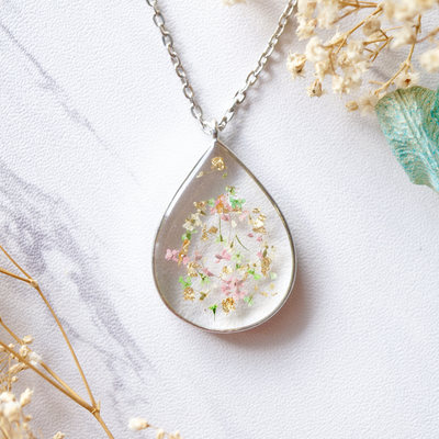 Real dried flowers and resin necklace, silver teardrop in pink white green gold foil