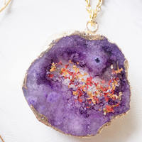Real Dried Flowers and Resin Necklace, Purple Druzy Geode in Red Orange Purple - Thumbnail 1