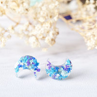 Real Dried Flowers and Resin Moon Stud Earrings in Purple Blue Teal Mint - Thumbnail 1