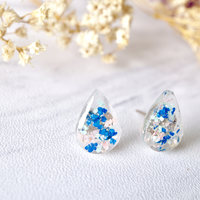 Real Dried Flowers and Resin Teardrop Stud Earrings in Pink Mint Blue - Thumbnail 1