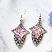 Real Dried Flowers and Resin Earrings in Pink Purple Red Green - Thumbnail 1