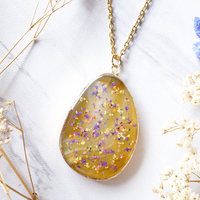 Real Dried Flowers and Resin Necklace, Yellow Geode in Purple Yellow Mix - Thumbnail 1