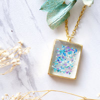 Real Dried Flowers in Resin Necklace, Gold Square in Blue Mint Teal Purple - Thumbnail 1