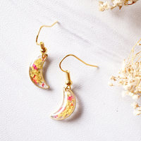 Real Dried Flowers and Resin Earrings, Gold Moons in Yellow and Red - Thumbnail 2