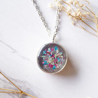 Real Dried Flowers in Resin Necklace, Thick Silver Circle in Magenta Teal White - Thumbnail 1