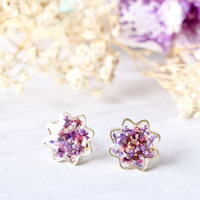 Real Dried Flowers and Resin Flower Stud Earrings in Purples - Thumbnail 1