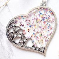 Real Dried Flowers in Resin Necklace, Big Silver Heart in Party Mix - Thumbnail 2
