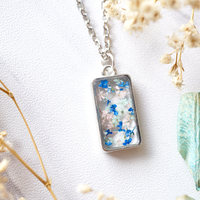 Real Dried Flowers in Resin Necklace, Silver Rectangle in Pink Mint Blue - Thumbnail 1